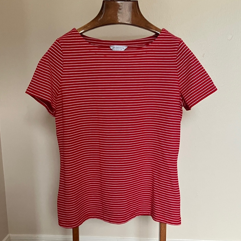 Liz Claiborne Red and White Striped Short Sleeve Top